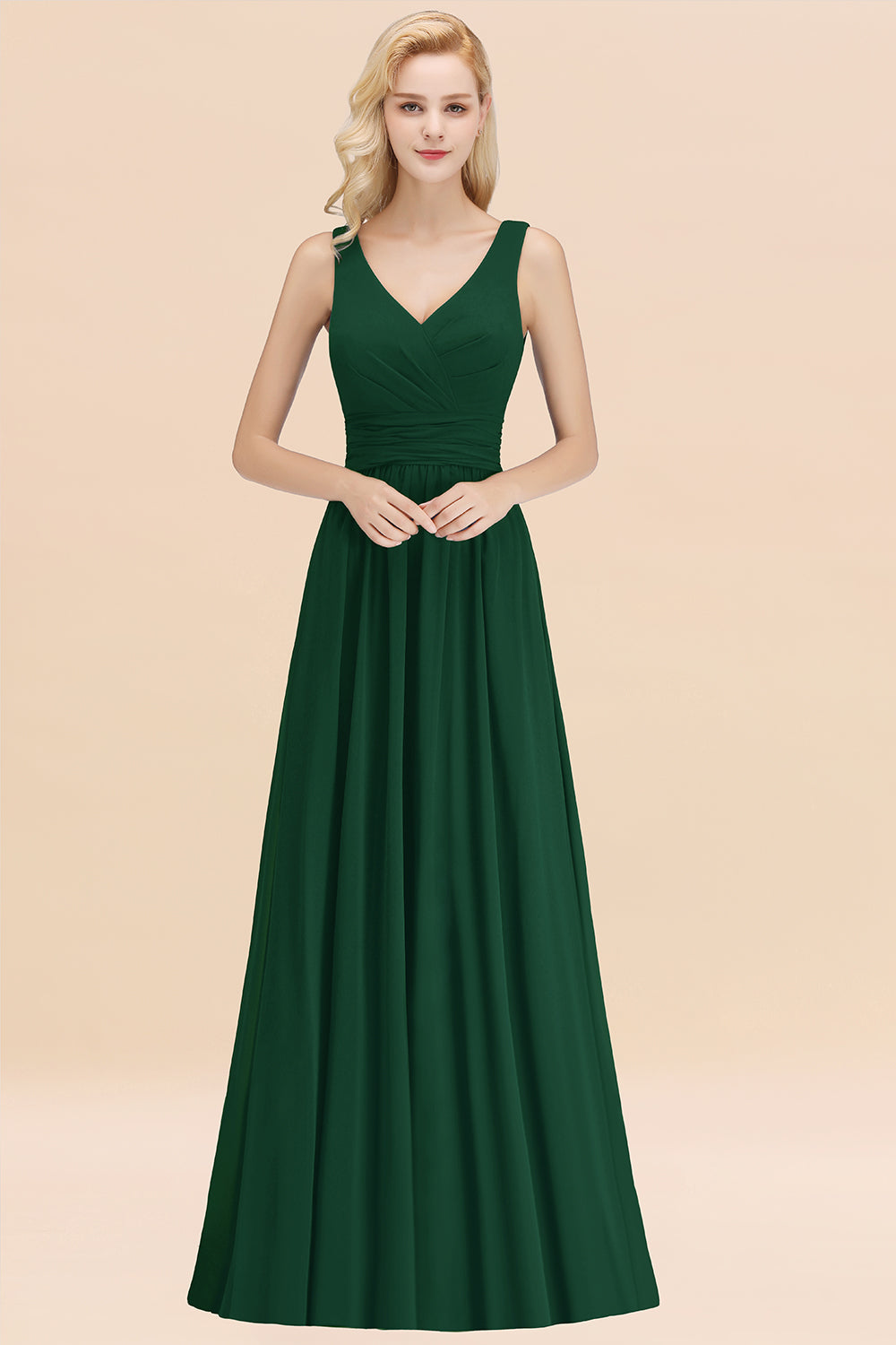 Modest Sleeveless V-Neck Long Chiffon Bridesmaid Dresses with Ruffle - Fashionpara