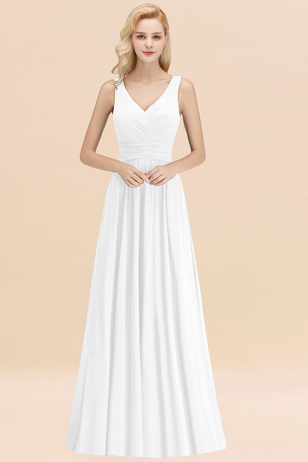 Modest Sleeveless V-Neck Long Chiffon Bridesmaid Dresses with Ruffle - Fashionpara