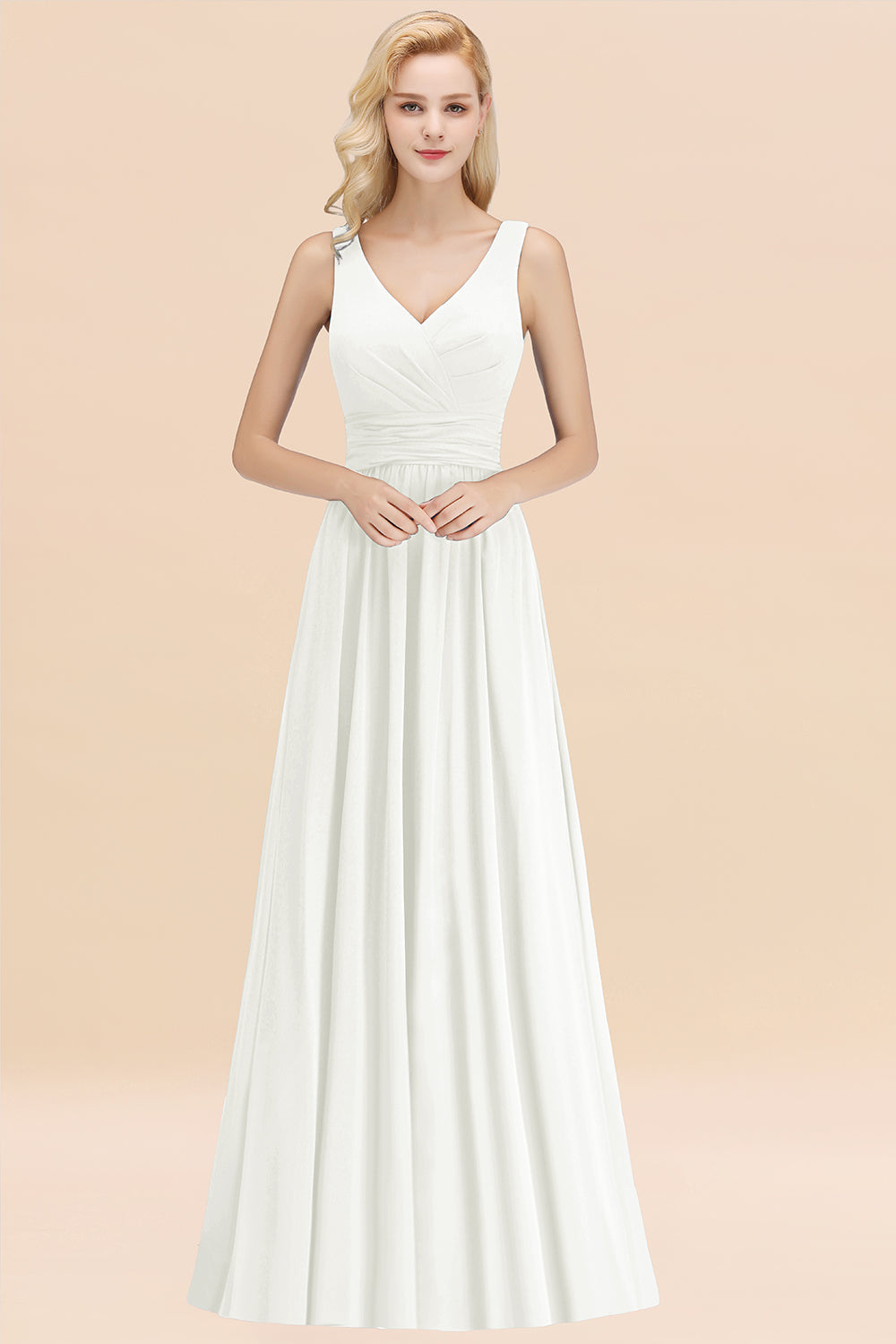 Modest Sleeveless V-Neck Long Chiffon Bridesmaid Dresses with Ruffle - Fashionpara