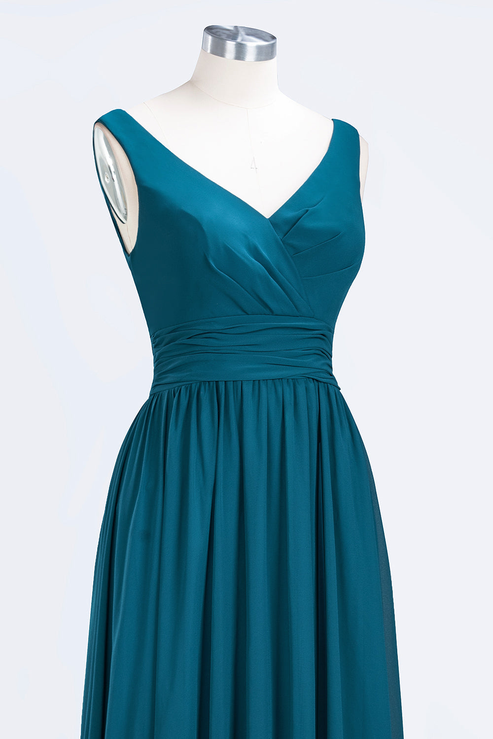 Modest Sleeveless V-Neck Long Chiffon Bridesmaid Dresses with Ruffle