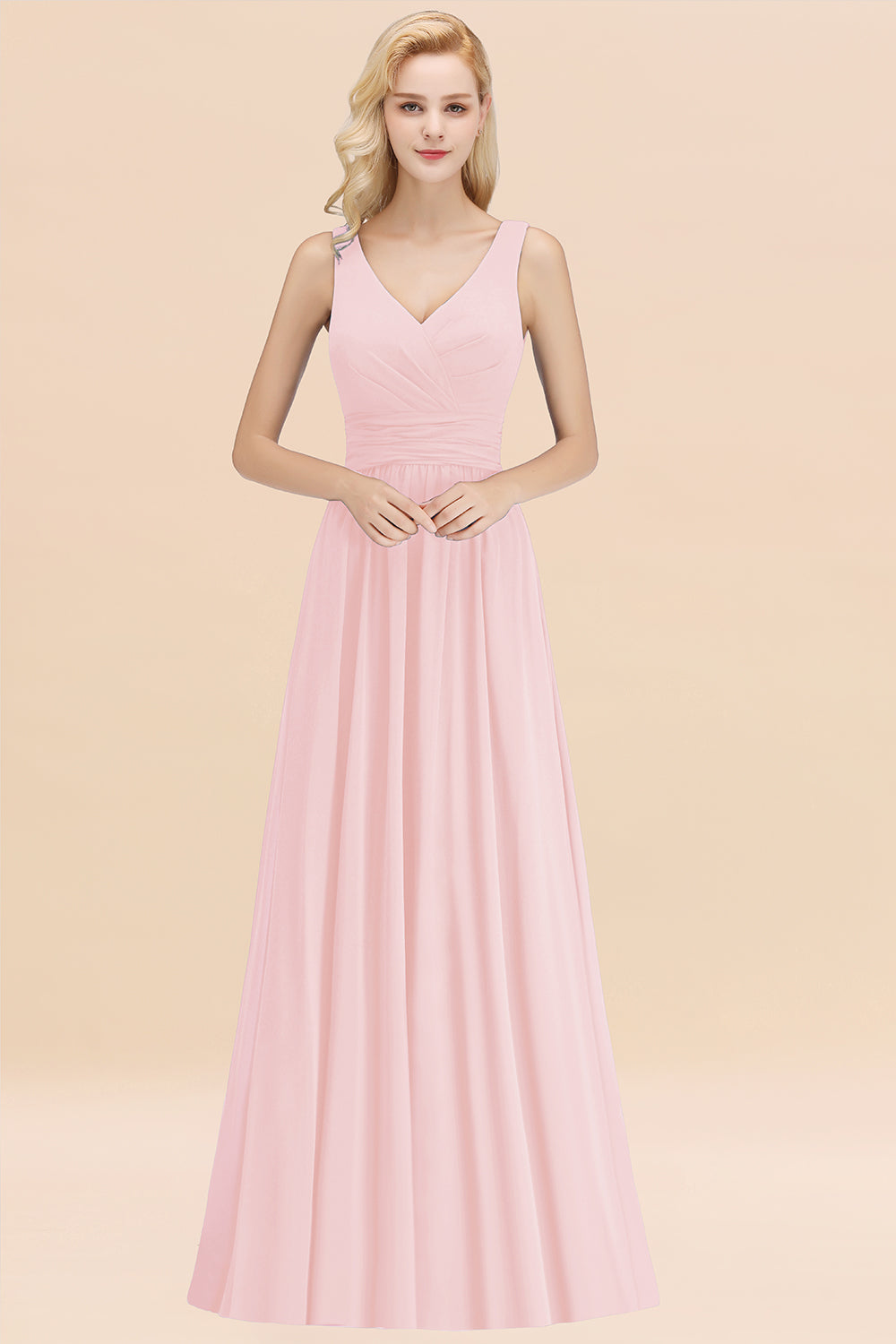 Modest Sleeveless V-Neck Long Chiffon Bridesmaid Dresses with Ruffle - Fashionpara