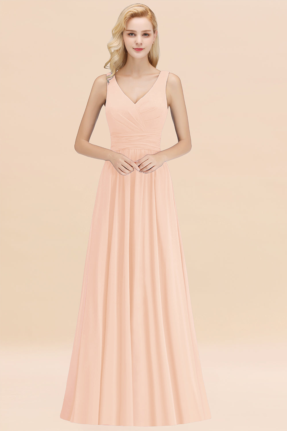 Modest Sleeveless V-Neck Long Chiffon Bridesmaid Dresses with Ruffle - Fashionpara
