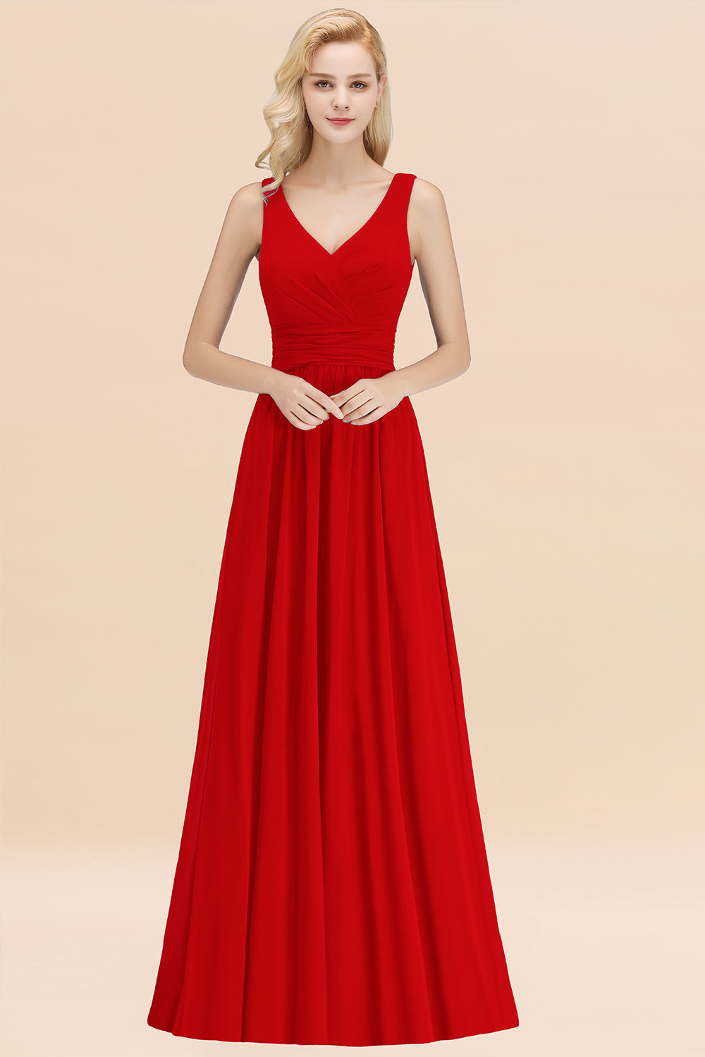 Modest Sleeveless V-Neck Long Chiffon Bridesmaid Dresses with Ruffle - Fashionpara