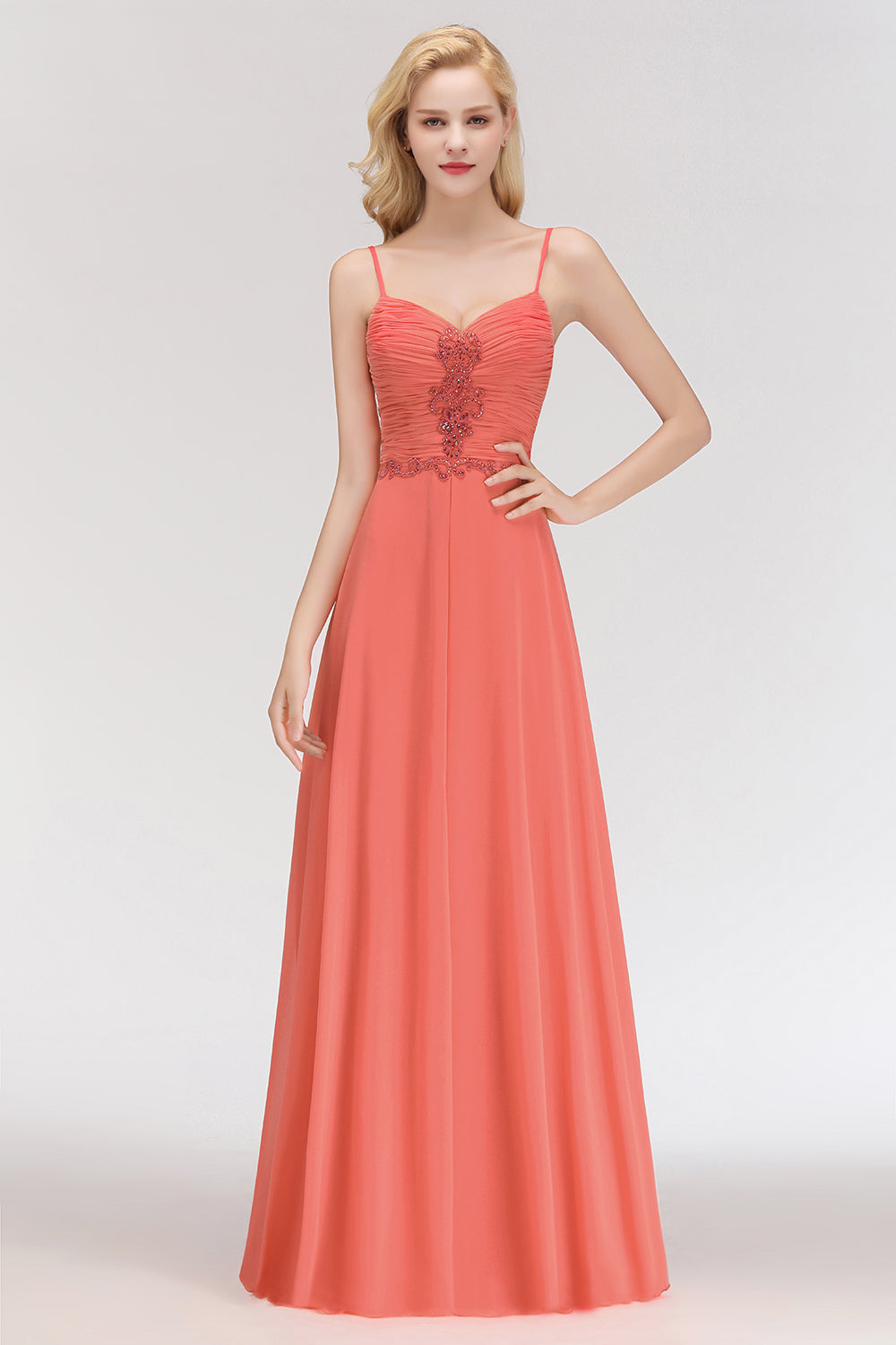 Modest Spaghetti-Straps Ruffle Affordable Bridesmaid Dresses with Appliques - Fashionpara