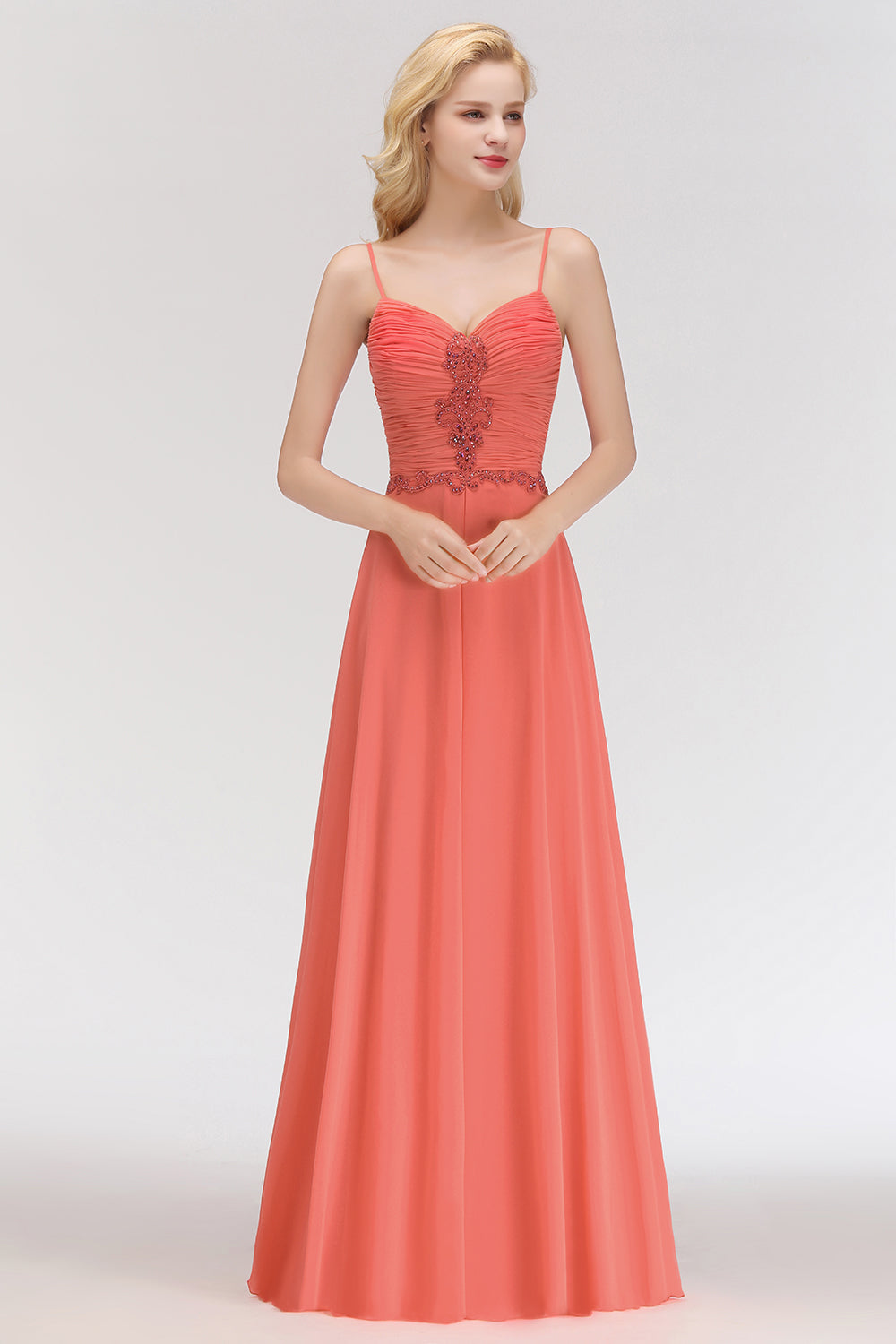 Modest Spaghetti-Straps Ruffle Affordable Bridesmaid Dresses with Appliques - Fashionpara