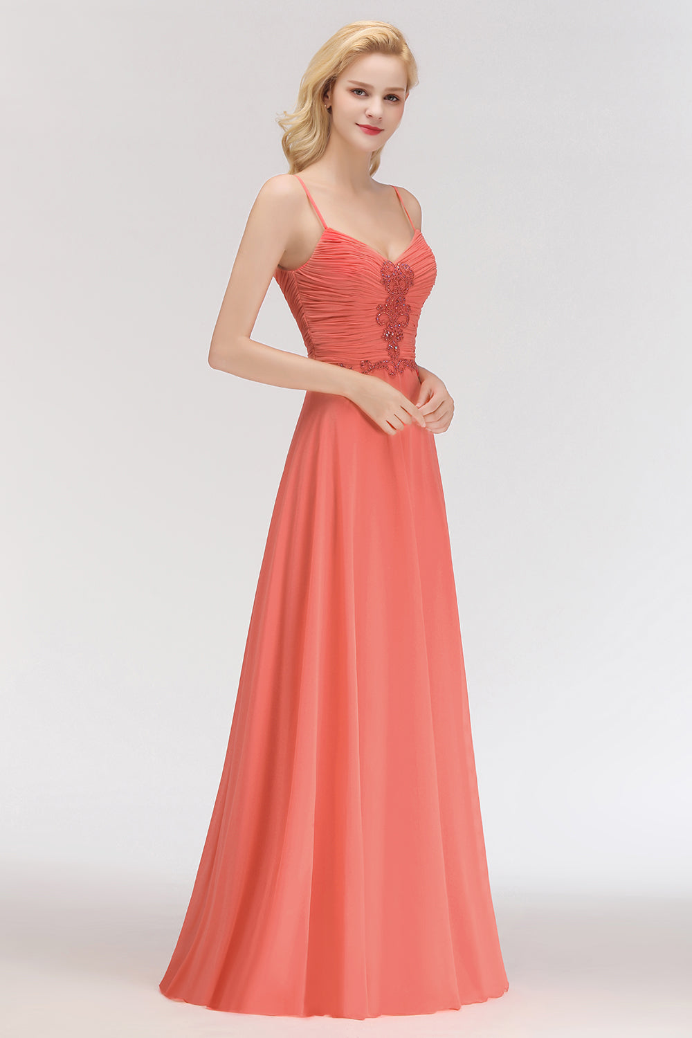 Modest Spaghetti-Straps Ruffle Affordable Bridesmaid Dresses with Appliques - Fashionpara