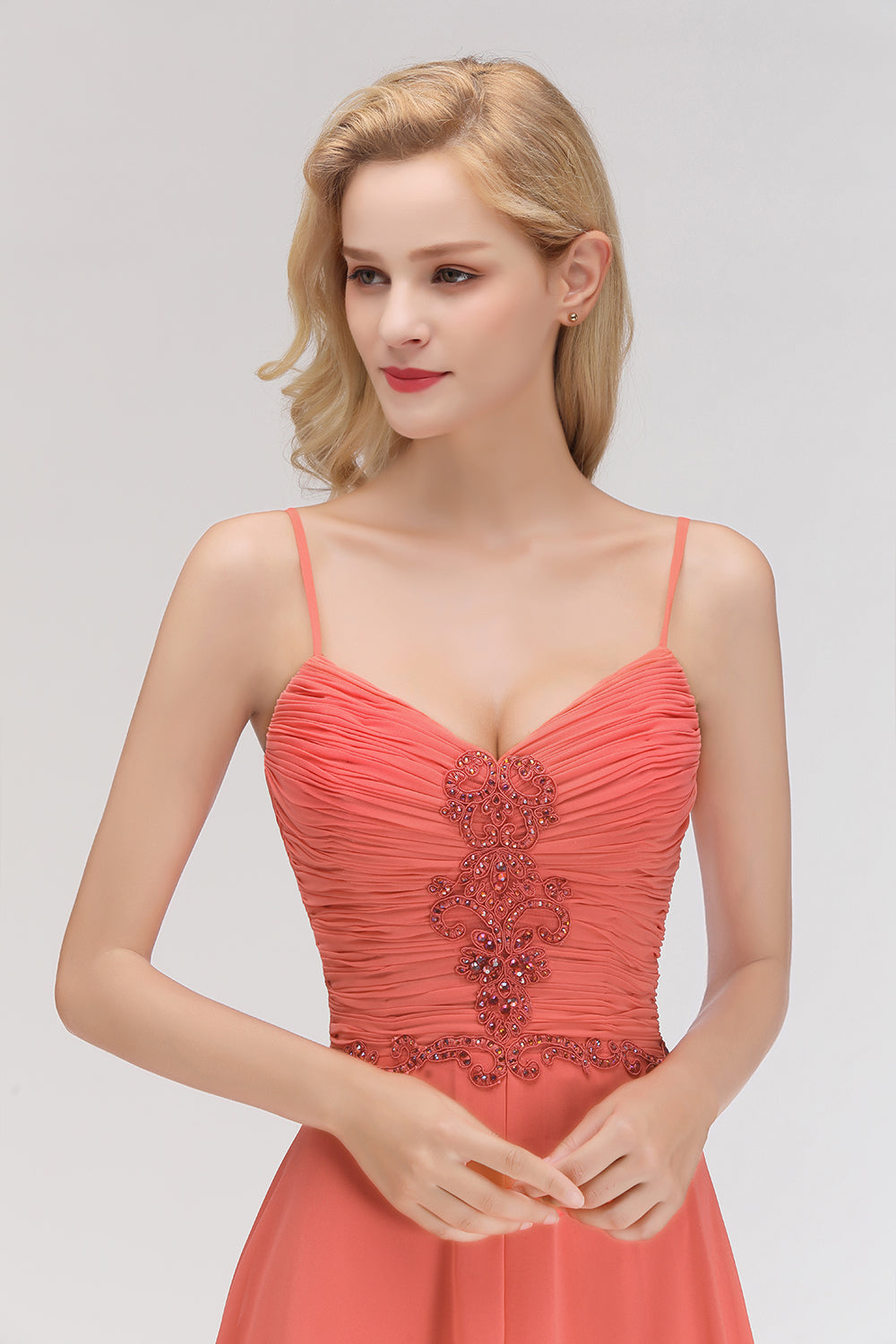 Modest Spaghetti-Straps Ruffle Affordable Bridesmaid Dresses with Appliques - Fashionpara