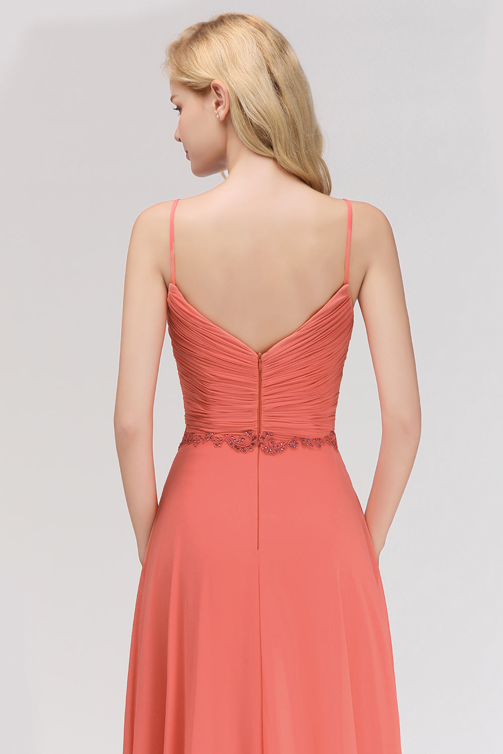 Modest Spaghetti-Straps Ruffle Affordable Bridesmaid Dresses with Appliques - Fashionpara