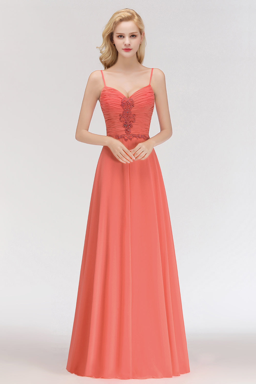 Modest Spaghetti-Straps Ruffle Affordable Bridesmaid Dresses with Appliques - Fashionpara