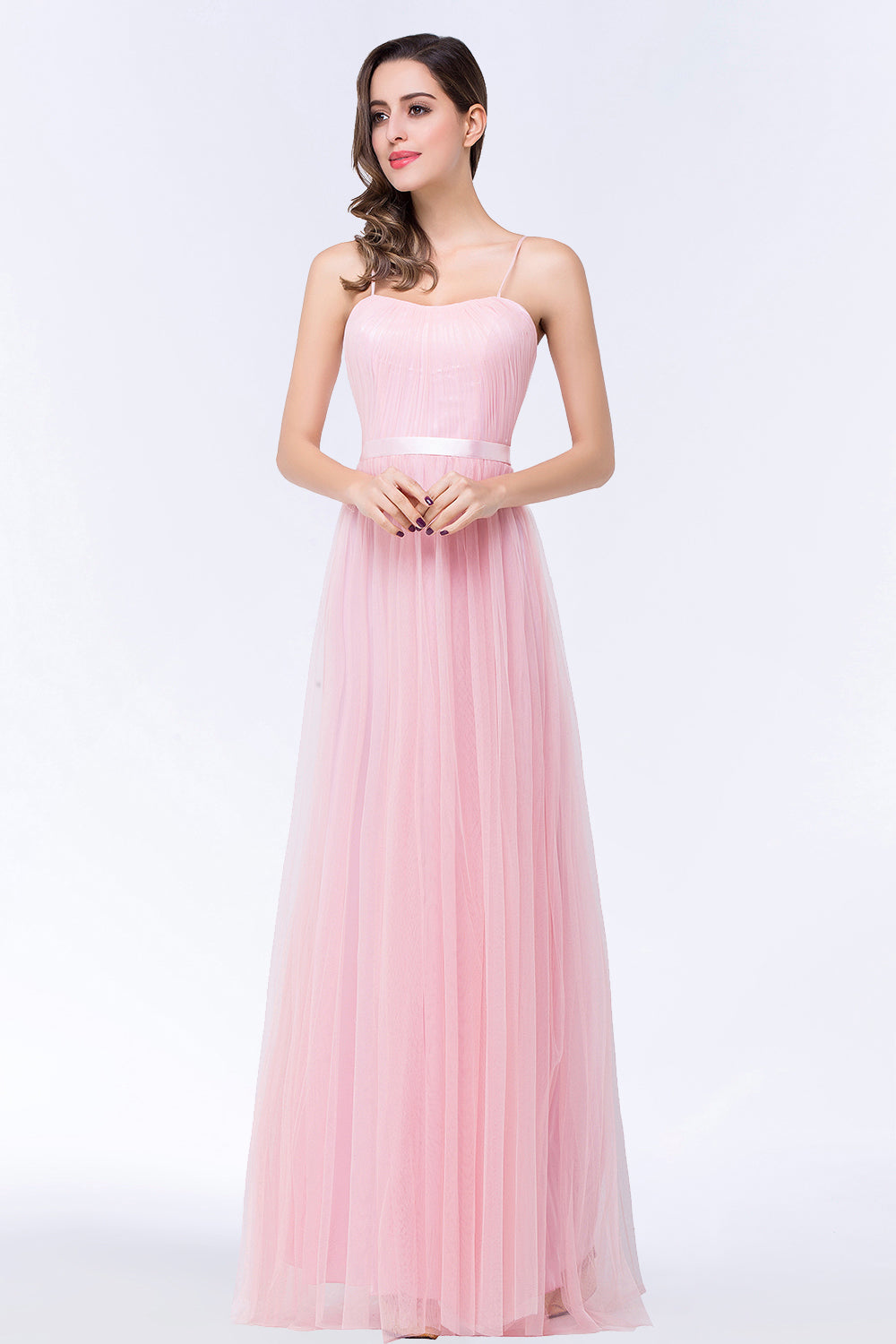 Modest Spaghetti-Straps Sweetheart Long Bridesmaid Dresses with Sash - Fashionpara