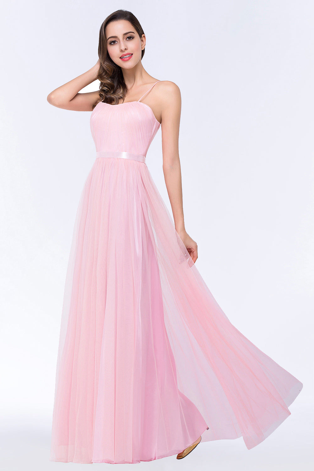 Modest Spaghetti-Straps Sweetheart Long Bridesmaid Dresses with Sash - Fashionpara