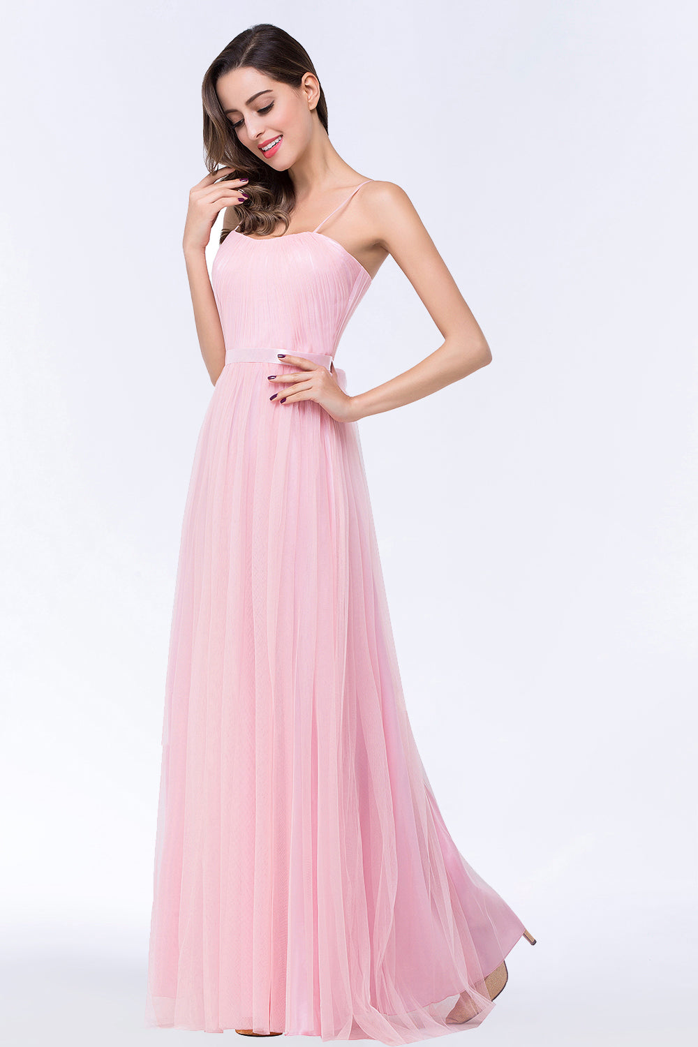 Modest Spaghetti-Straps Sweetheart Long Bridesmaid Dresses with Sash - Fashionpara