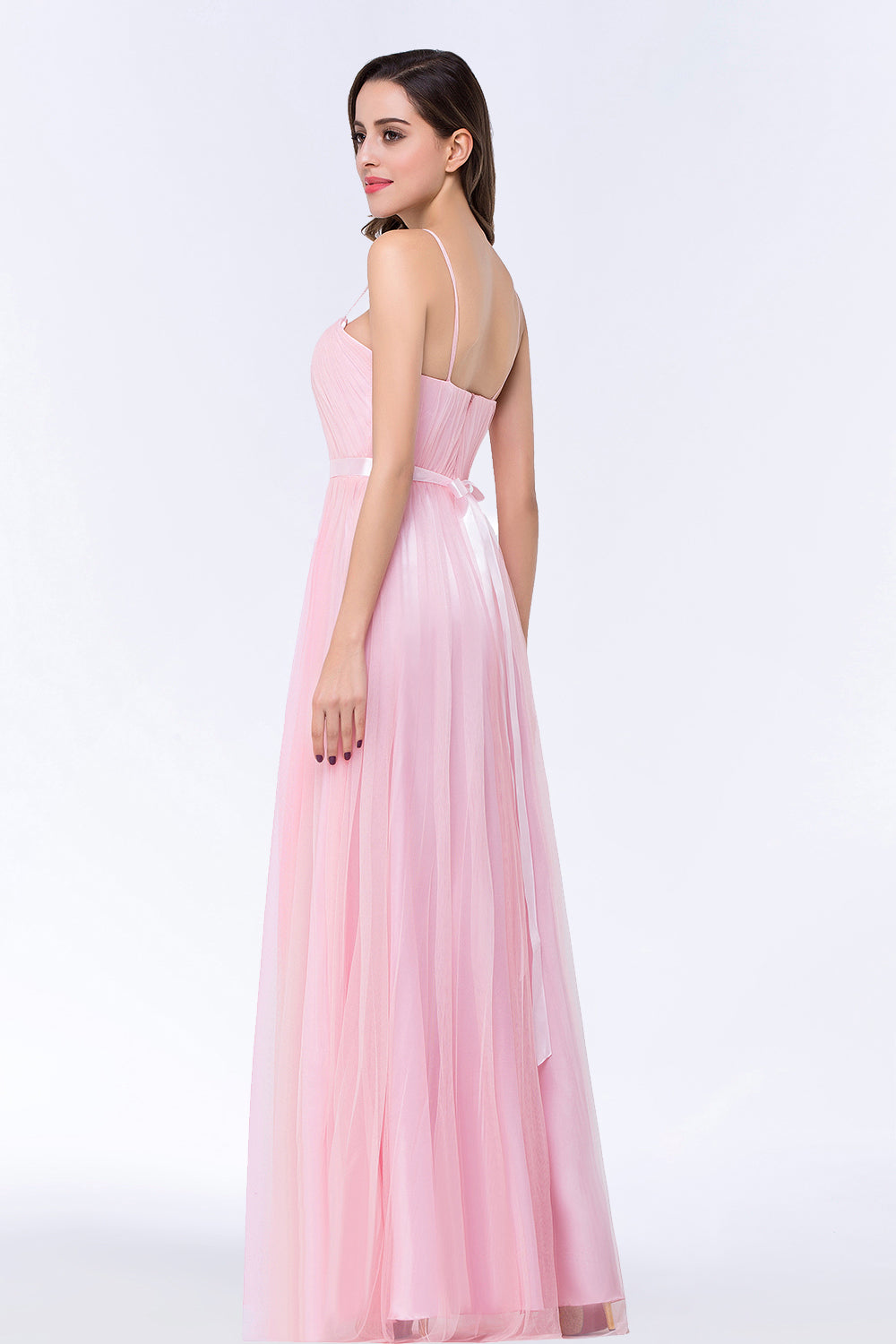 Modest Spaghetti-Straps Sweetheart Long Bridesmaid Dresses with Sash - Fashionpara