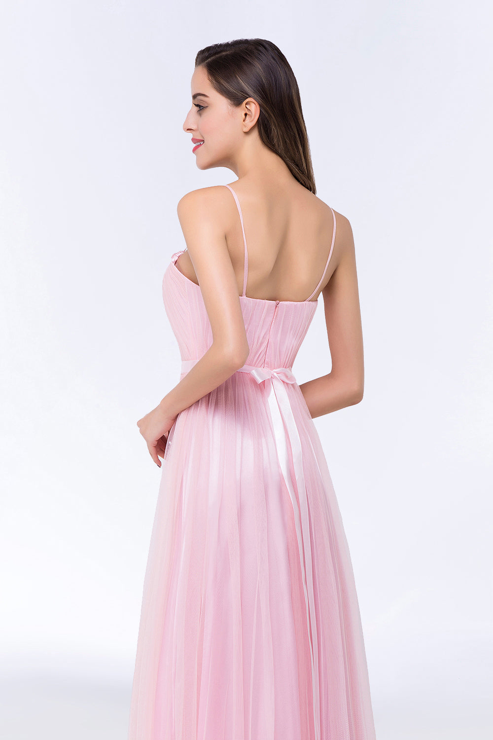 Modest Spaghetti-Straps Sweetheart Long Bridesmaid Dresses with Sash - Fashionpara