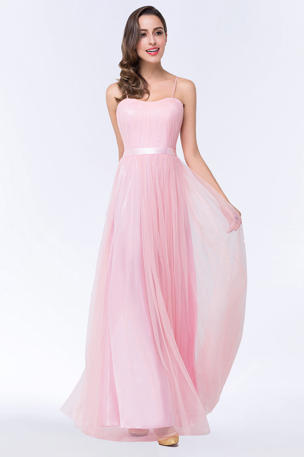 Modest Spaghetti-Straps Sweetheart Long Bridesmaid Dresses with Sash - Fashionpara