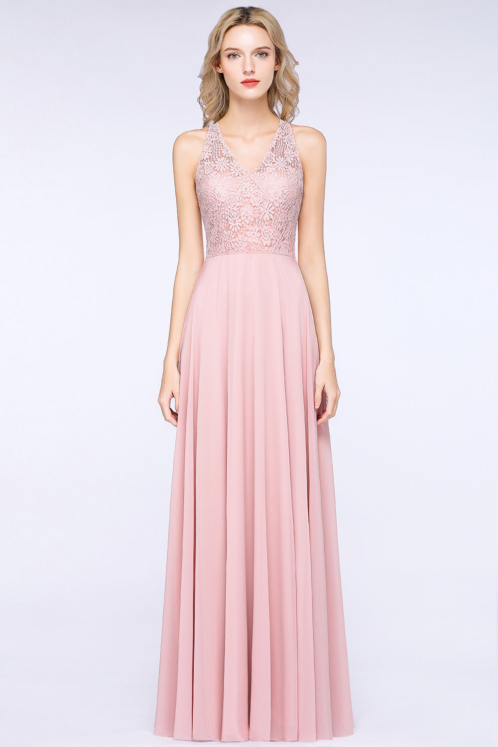 Modest V-Neck Sleeveless Pink Affordable Bridesmaid dresses Lace - Fashionpara