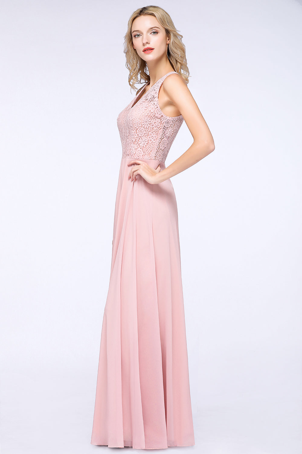 Modest V-Neck Sleeveless Pink Affordable Bridesmaid dresses Lace - Fashionpara