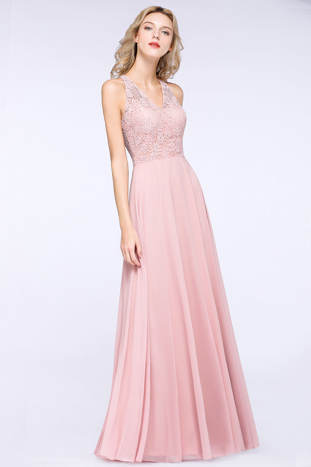 Modest V-Neck Sleeveless Pink Affordable Bridesmaid dresses Lace - Fashionpara