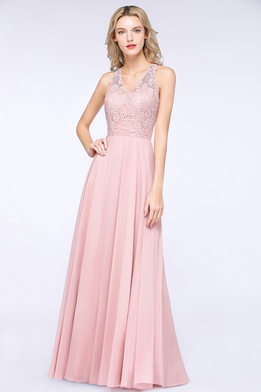 Modest V-Neck Sleeveless Pink Affordable Bridesmaid dresses Lace - Fashionpara
