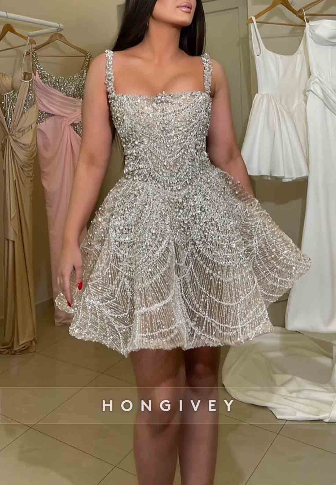 Square Neck Ball Gown Sleeveless Beading Short Homecoming Dresses