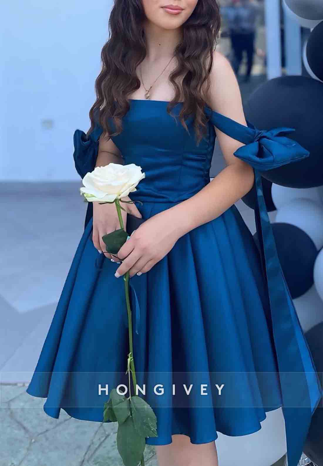 Short Bowknot Off the Shoulder Satin Ruched Pleated Princess Short Homecoming Dresses