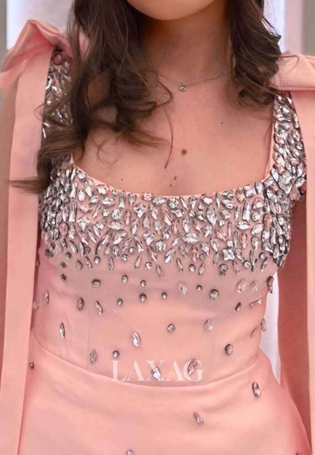 Square-Neck Bows-Straps Sleeveless Rhinestone Satin A-Line Party Homecoming Dress