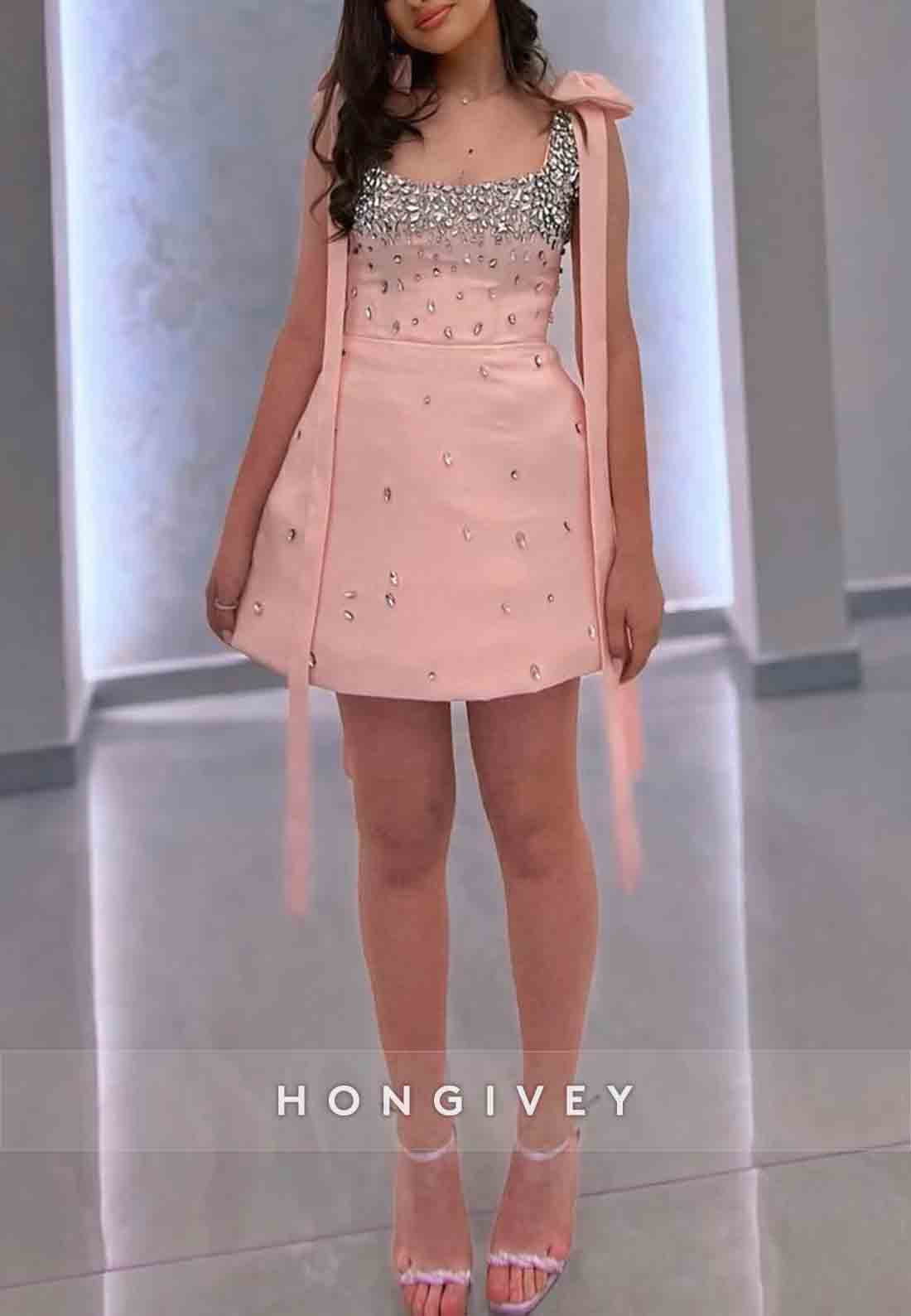 Blushing Pink Rhinestone A-Line Bowknot Square Neck Sleeveless Mini Homecoming Dresses