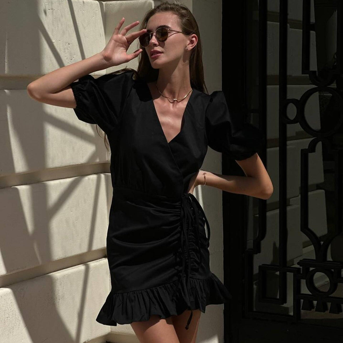 Cotton Wrap V-Neck Puff-Sleeve Ruched Mini Dress 7