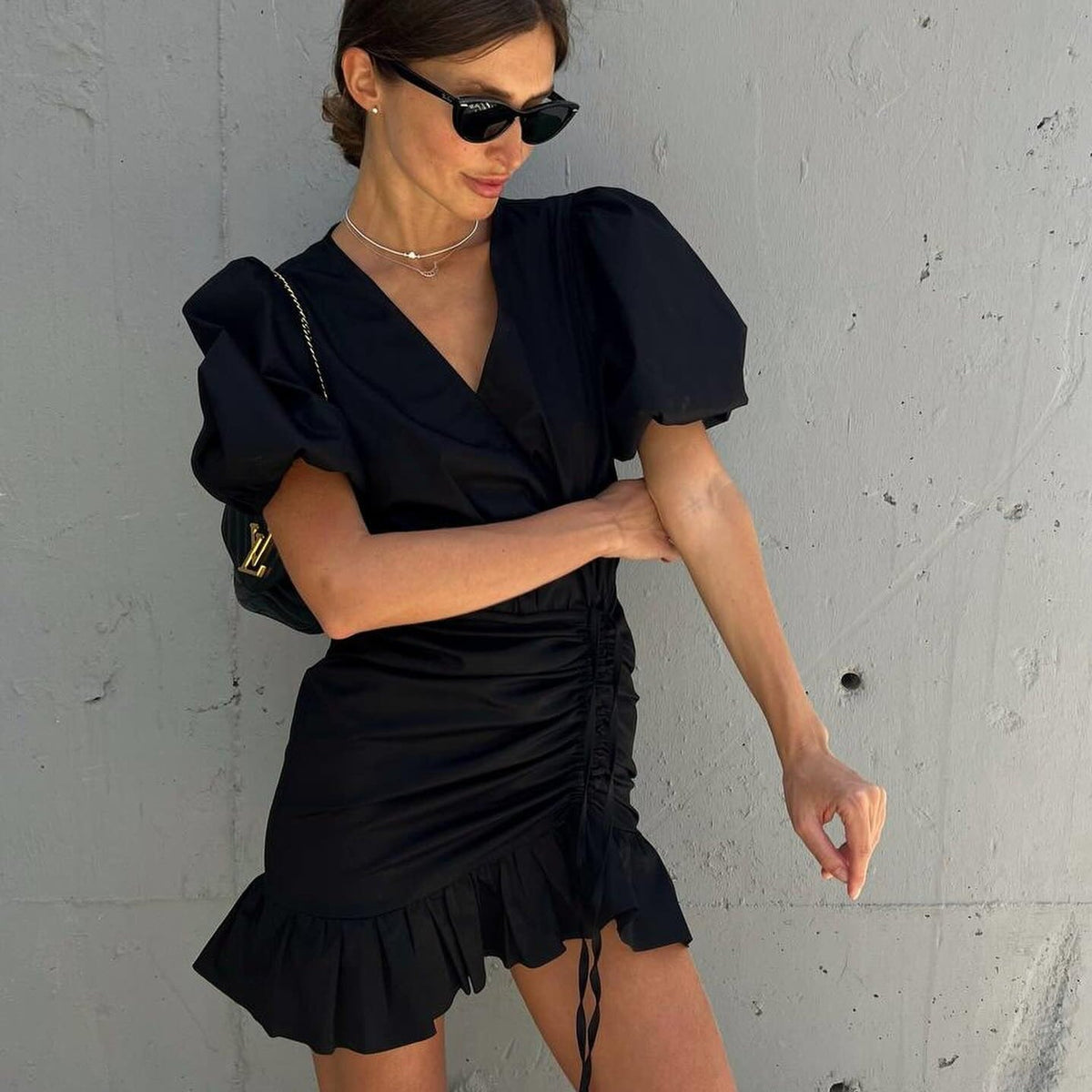 Cotton Wrap V-Neck Puff-Sleeve Ruched Mini Dress 9