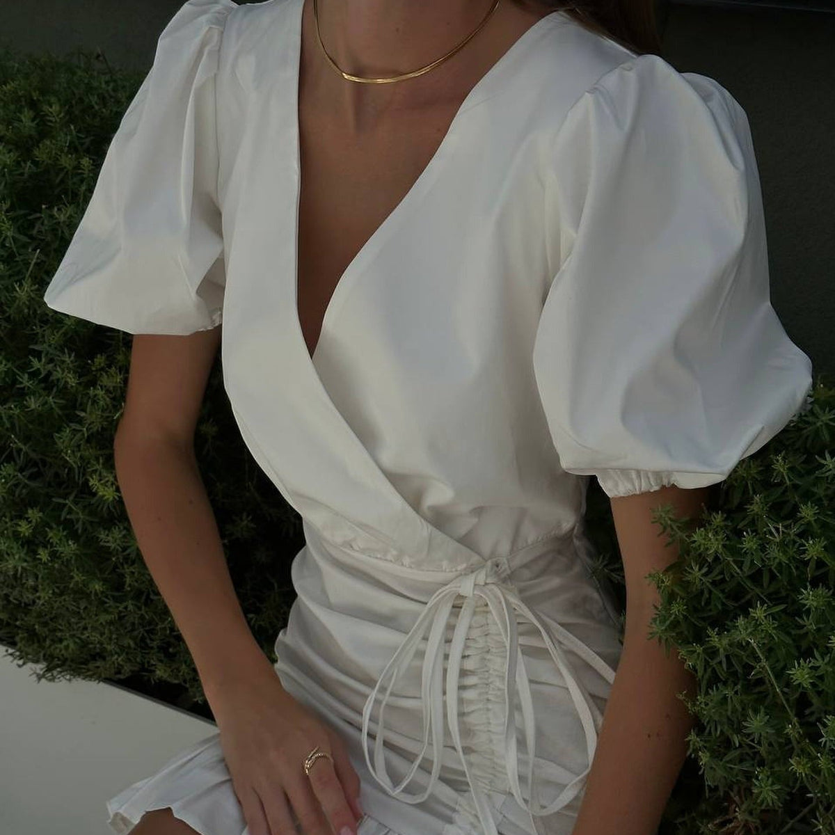 Cotton Wrap V-Neck Puff-Sleeve Ruched Mini Dress 4