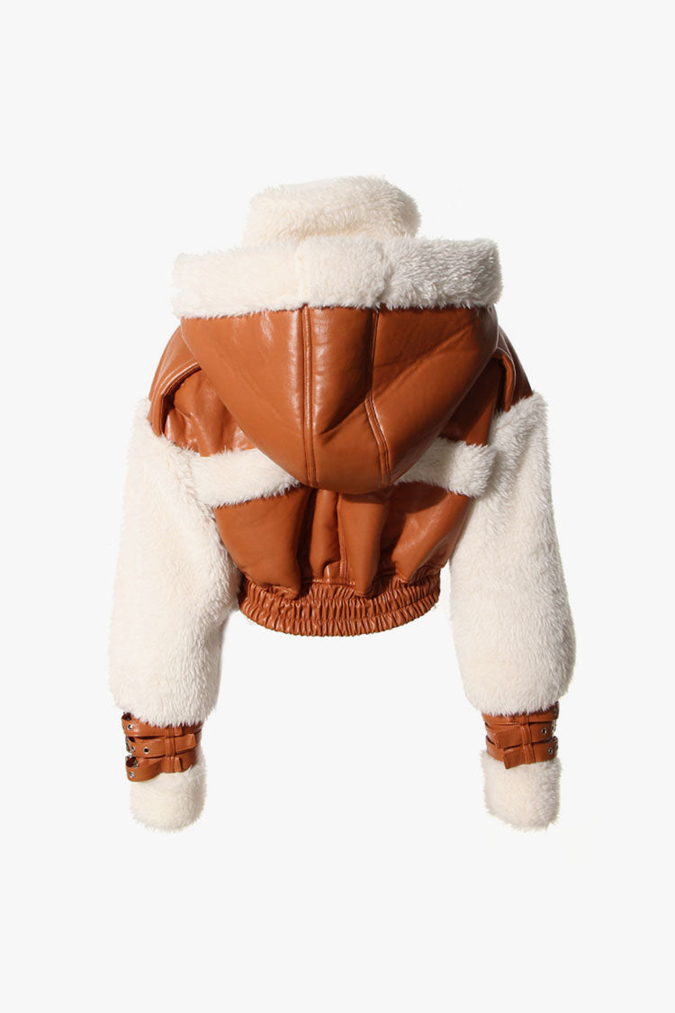 Rosedress High Neck Faux Shearling Leather Crop Jacket
