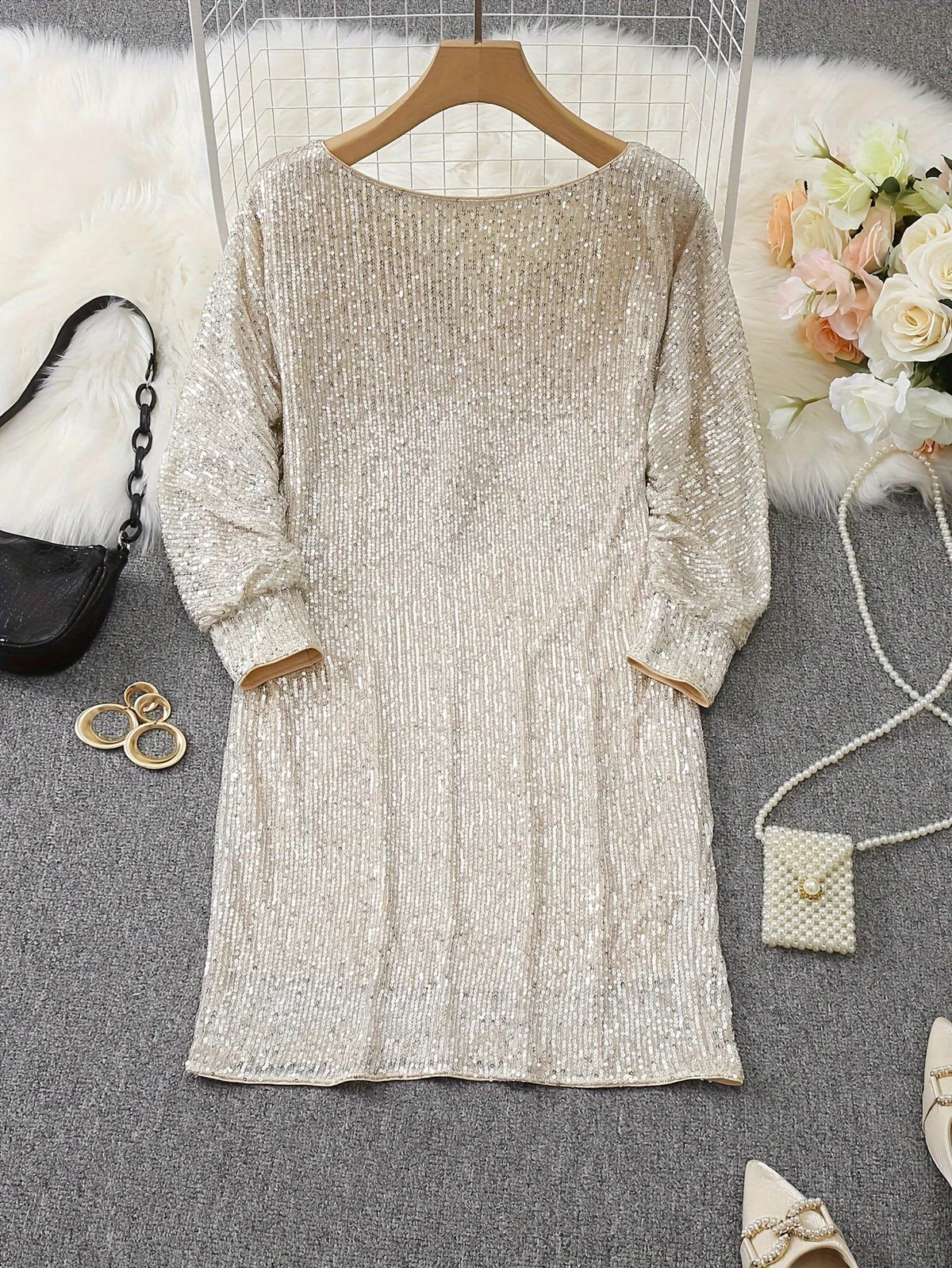 Sequin Off Shoulder Batwing Sleeve Mini Dress - View 5