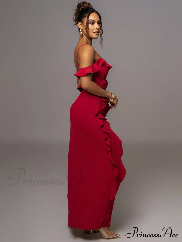 Mozision Elegant Ruffle Sexy Maxi Dress Women Spaghetti Strap Flower Christmas Party Dress