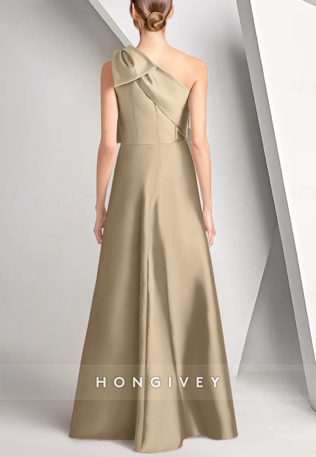 Sheath Floor-Length One Shoulder Mother of Bride Satin Sleeveless Pleated Bowknot Evening Gown