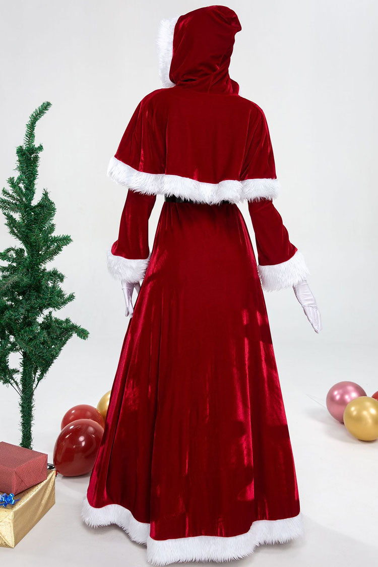 Mrs Claus Christmas Hooded Faux Fur Long Sleeve Belted Party Maxi Dress - Red - Fashionpara