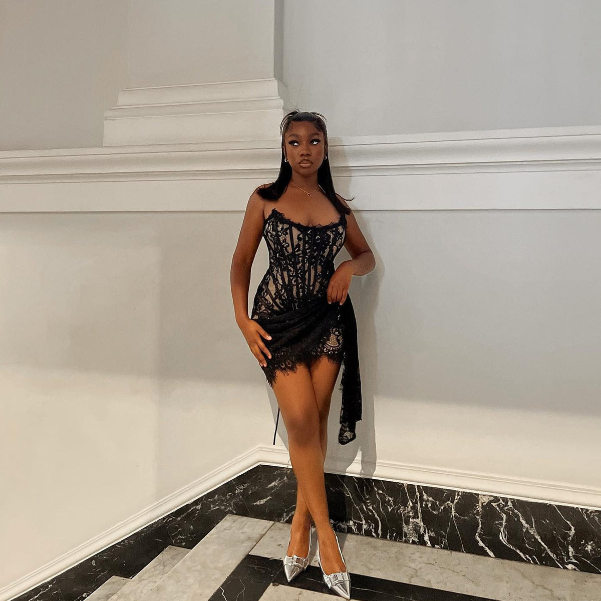 Sheer Lace Strapless Corset Draped Mini Dress 9