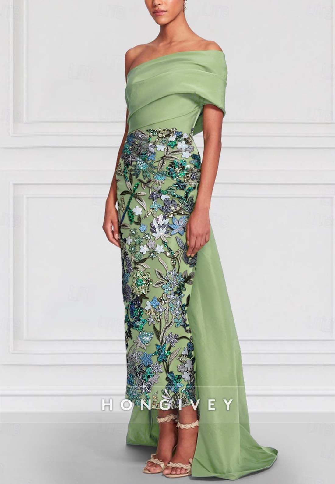 Shawl One Shoulder Asymmetrical Sheath Evening Gown Bead embroidery Mother of the Bride