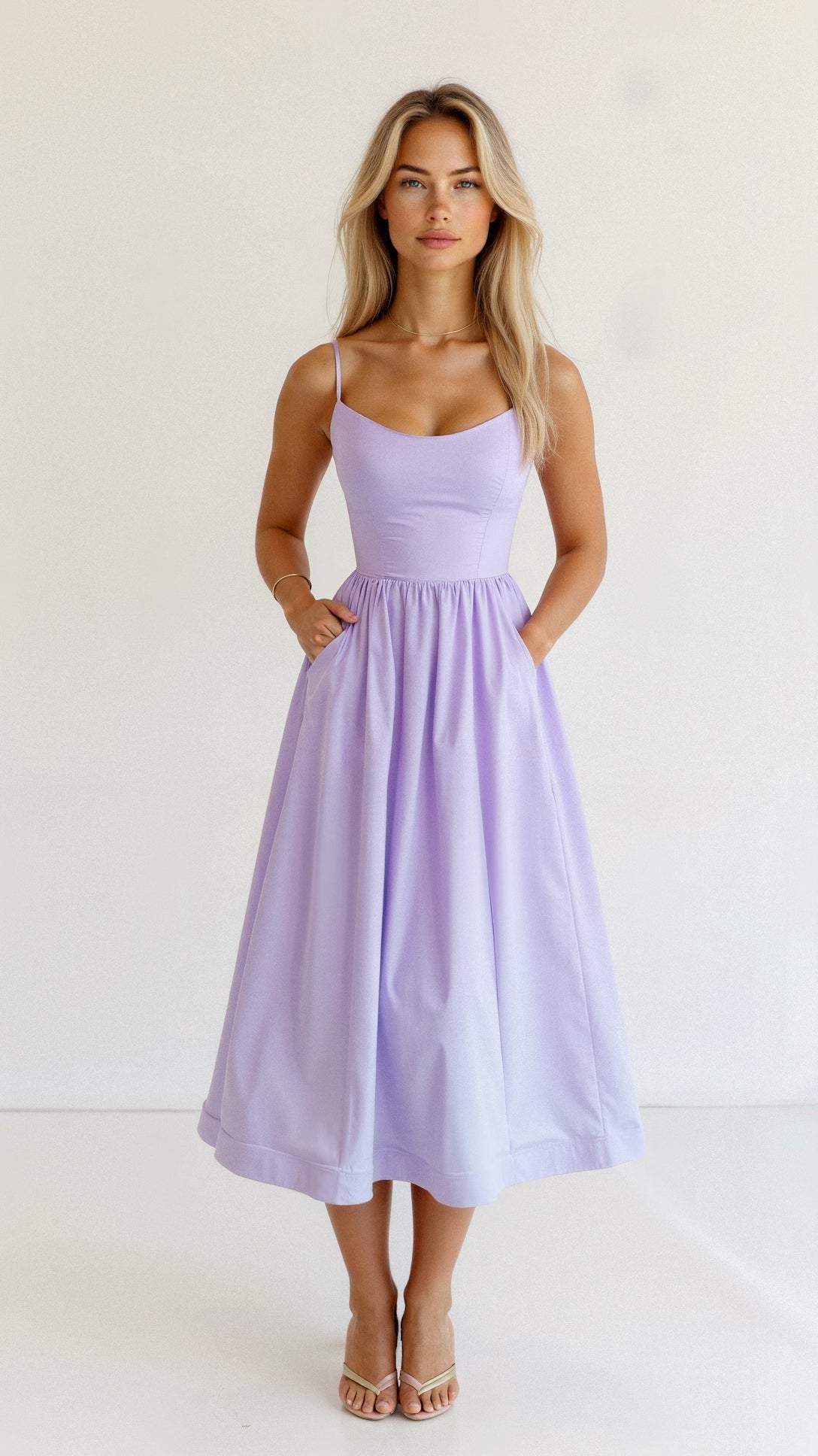 Spaghetti Strap Scoop Neck Corset Panel A-Line Gathered Midi Dress - View 8