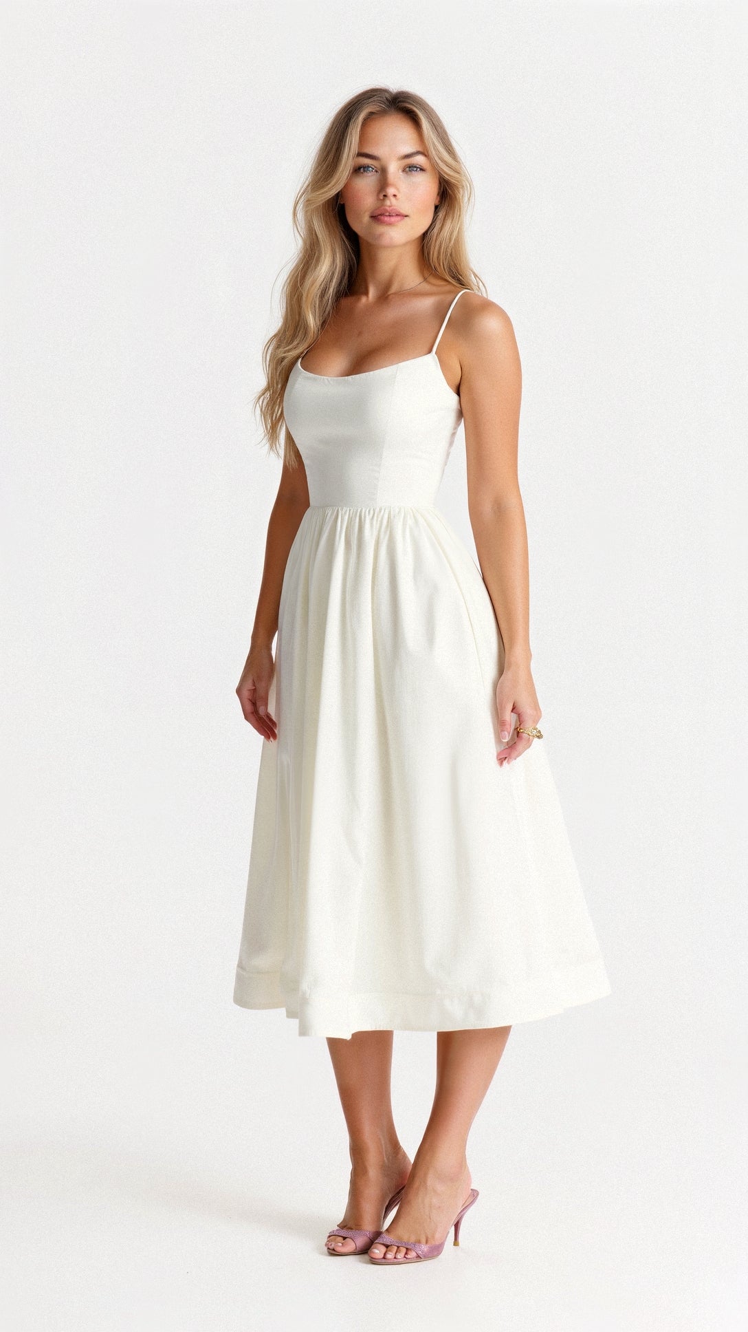 Spaghetti Strap Scoop Neck Corset Panel A-Line Gathered Midi Dress