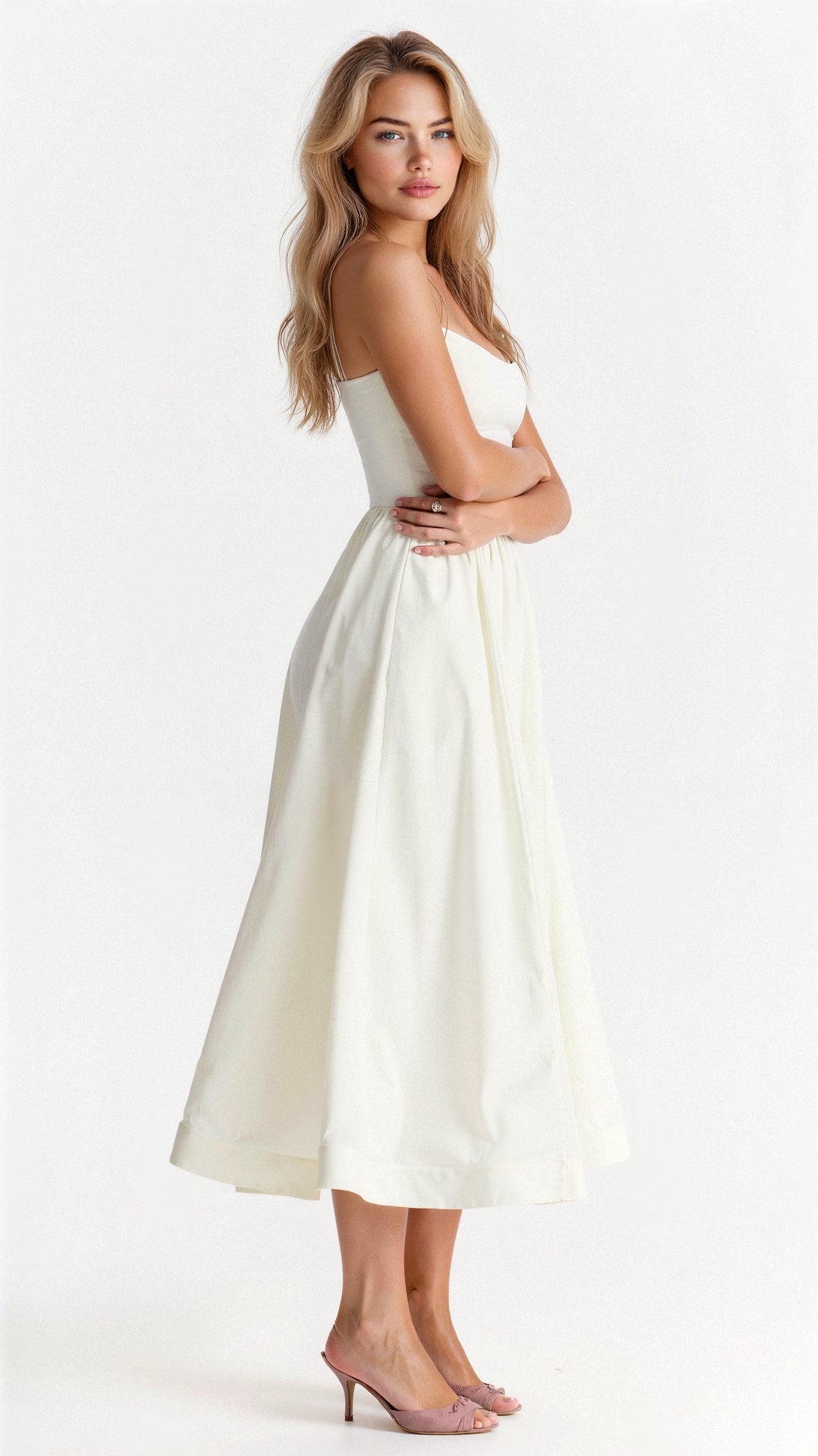 Spaghetti Strap Scoop Neck Corset Panel A-Line Gathered Midi Dress - View 5