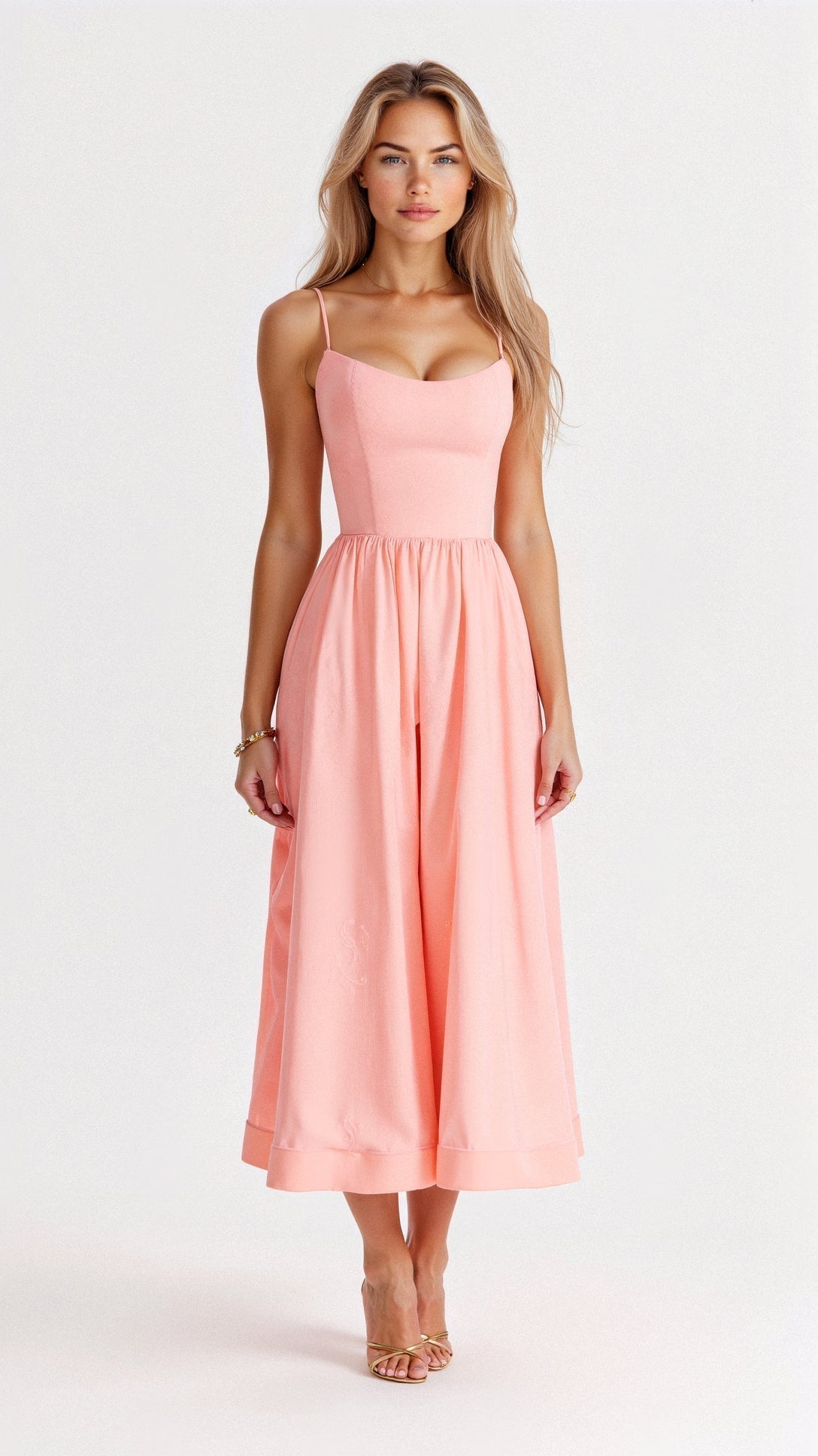 Spaghetti Strap Scoop Neck Corset Panel A-Line Gathered Midi Dress - View 7