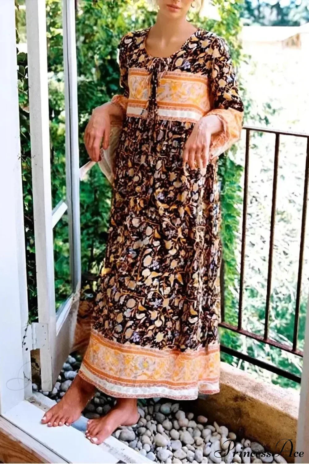 Multi Floral Print Tie Neck Tassel Vintage Bohemian Maxi Dress BLACK / S bohodress-250126