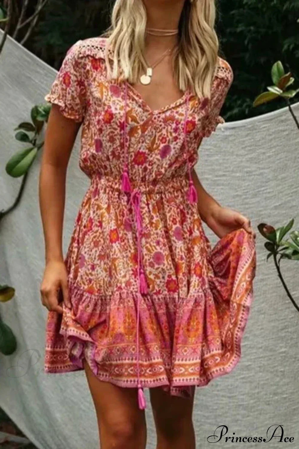 Multi Floral Print V-neck Half Sleeve Loose Mini Boho Dress Pink / S bohodress-250126