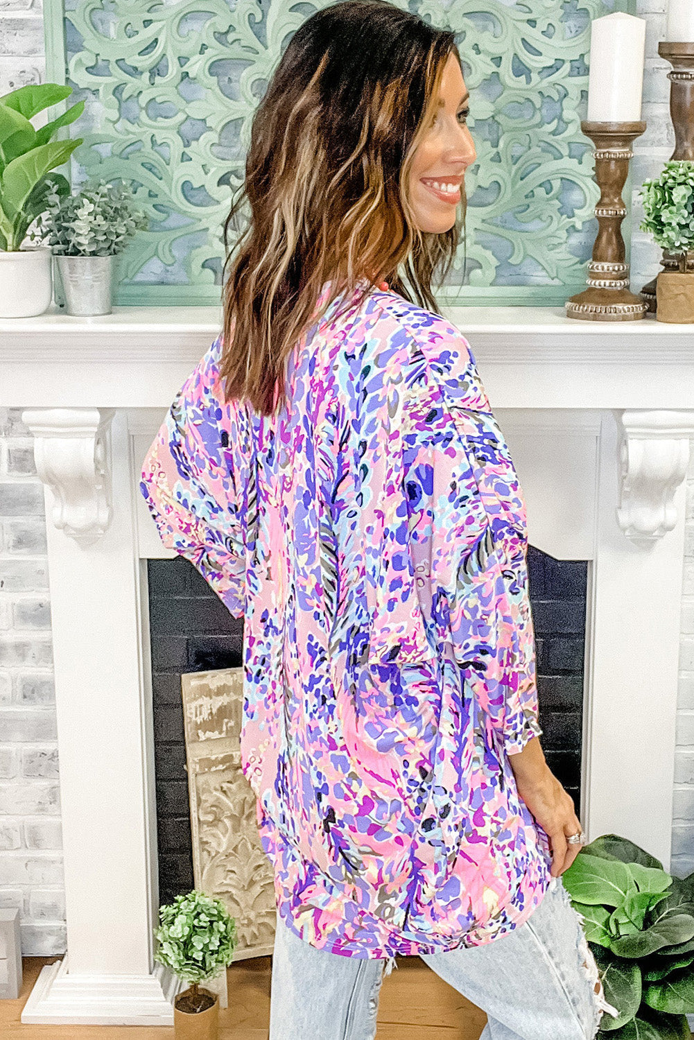 Multicolor Abstract Floral Print Lightweight Kimono Fashionpara