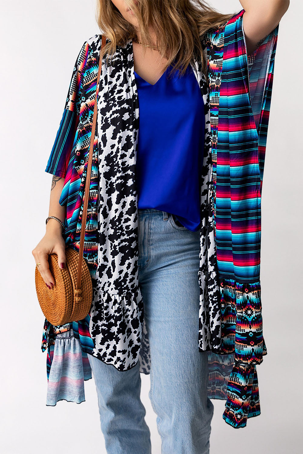 Multicolor Cow Serape Aztec Print Kimono Cardigan  Fashionpara