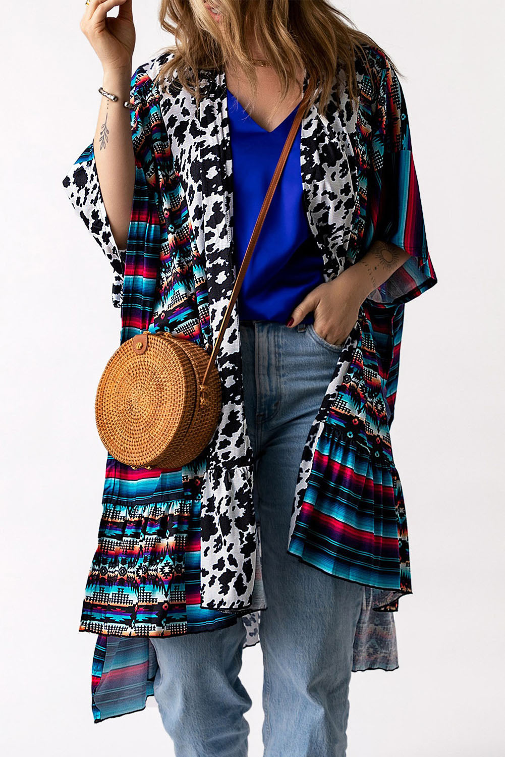Multicolor Cow Serape Aztec Print Kimono Cardigan  Fashionpara