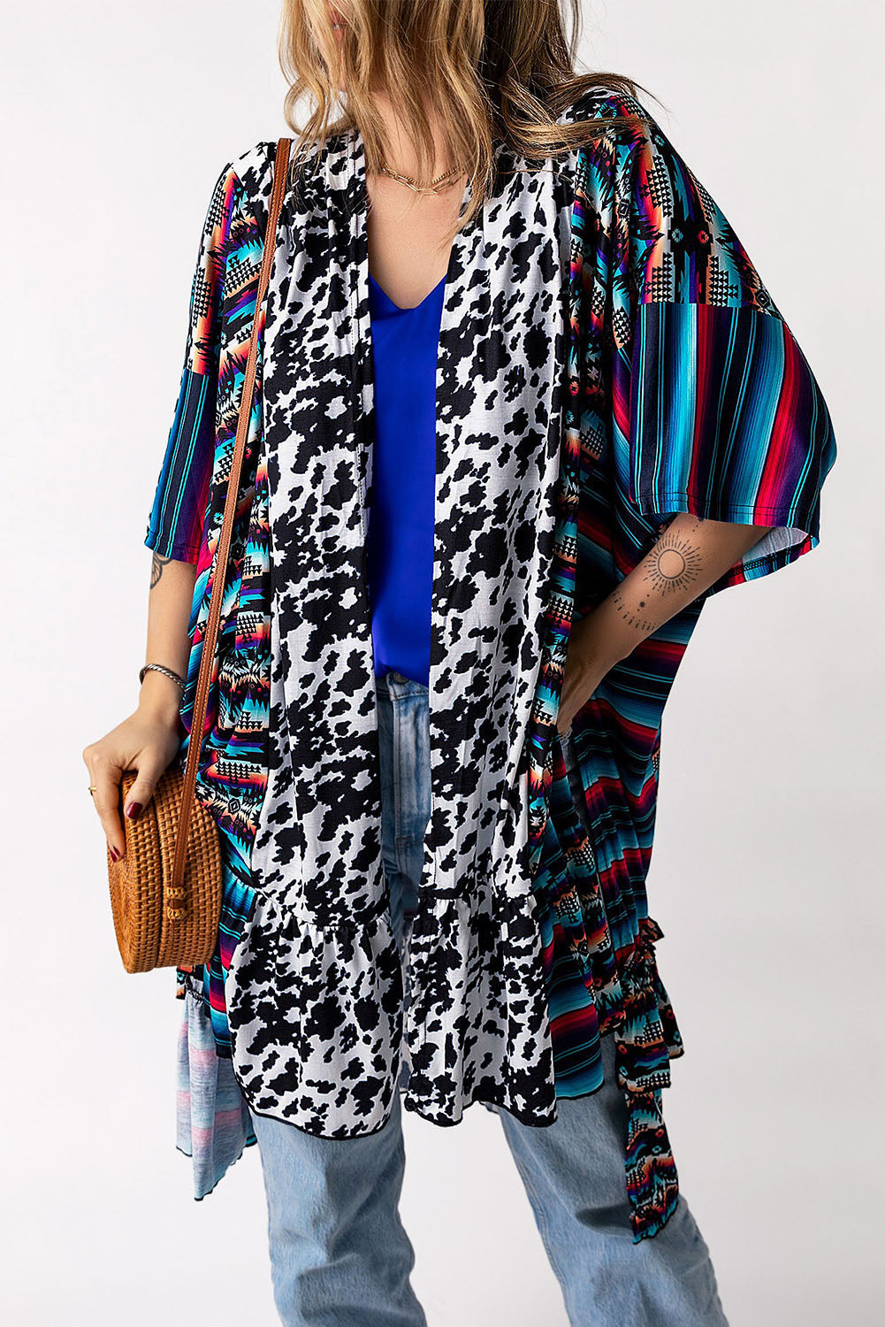 Multicolor Cow Serape Aztec Print Kimono Cardigan  Fashionpara