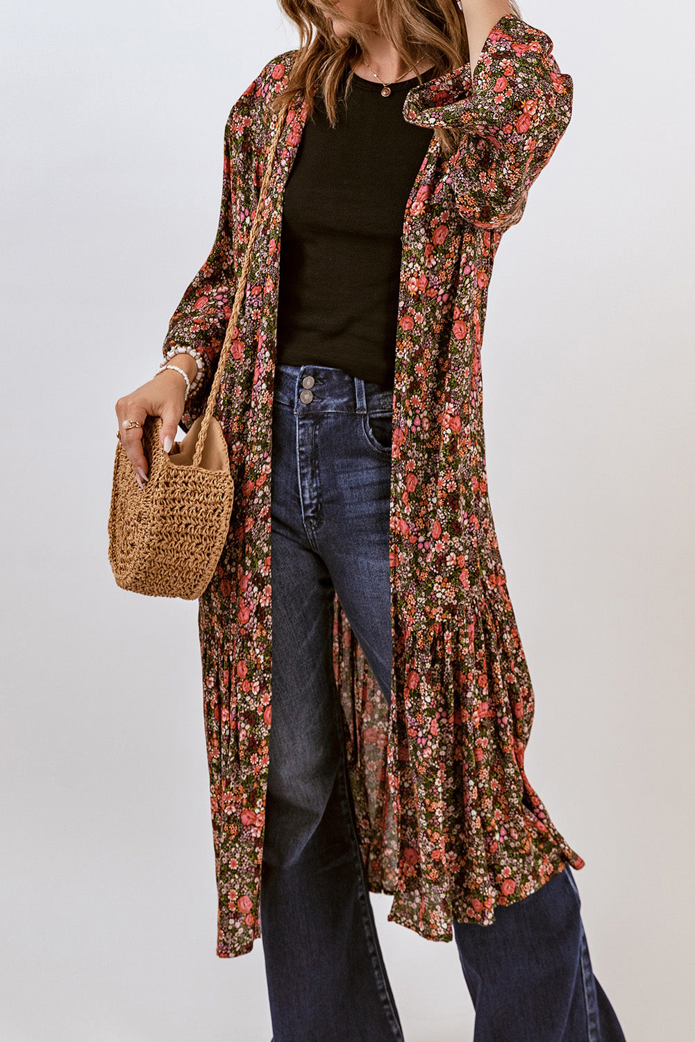 Multicolor Open Front Boho Floral Print Kimono Fashionpara