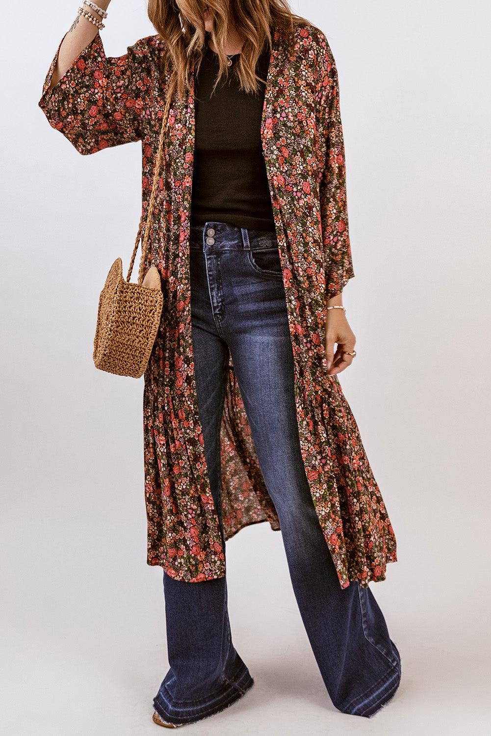 Multicolor Open Front Boho Floral Print Kimono Fashionpara