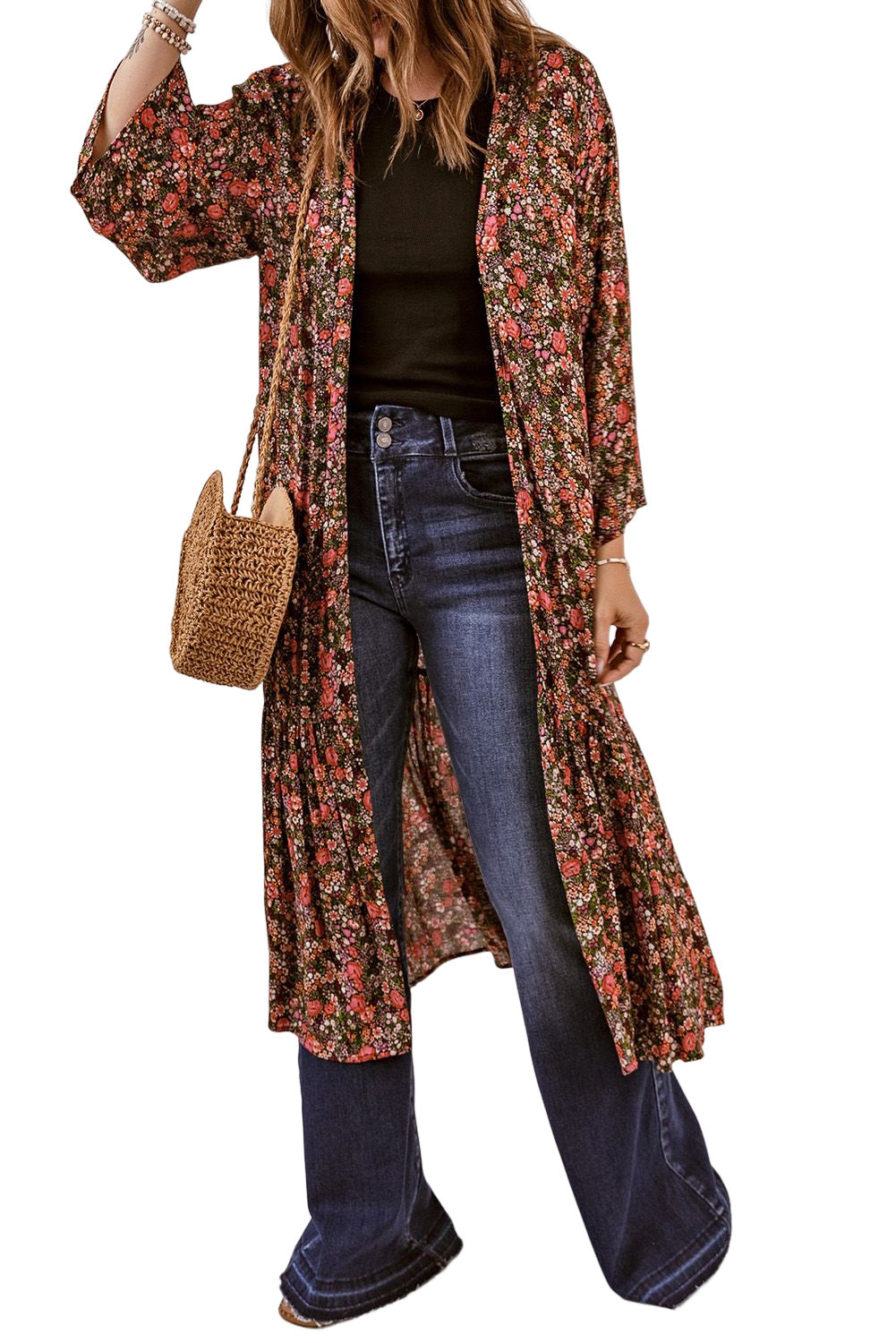 Multicolor Open Front Boho Floral Print Kimono Fashionpara